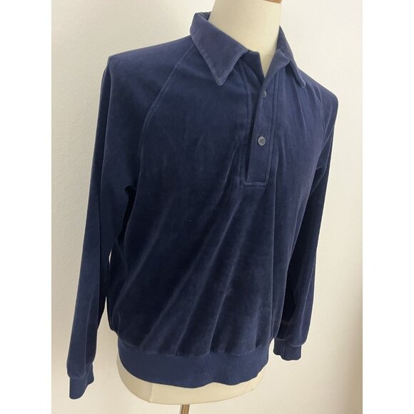 Vintage Sears Sportswear Men's L Blue Velour Pullover Top Collar Button - Picture 3 of 6